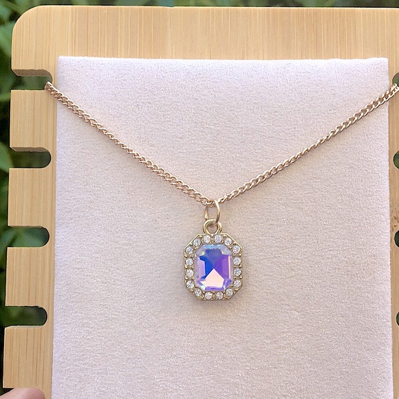 Lilac Aurora Borealis Opal Emerald Crystal Halo Pendant Necklace - Picture 4 of 12
